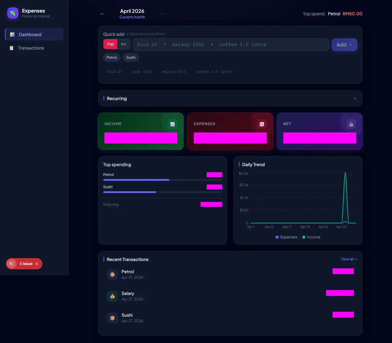 Desktop dashboard showing income/expense stats, charts, and recent transactions